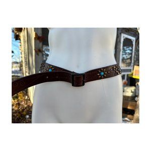 Lucky Brand Brown Leather Belt Embellished Turquoise & Brass Flowers Western Cow